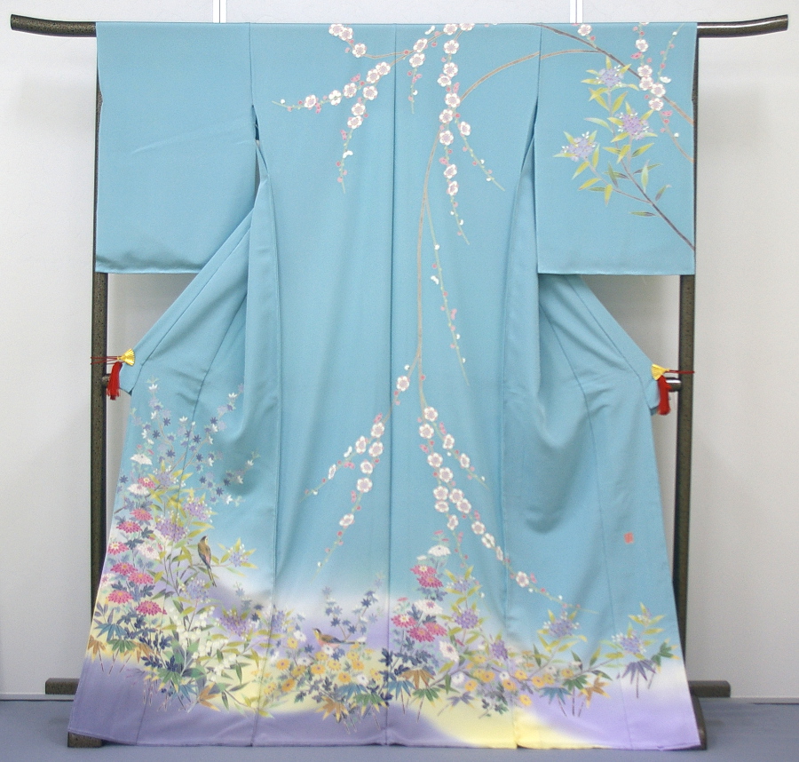 加賀友禅 藤藁隆 青 花枝文様 正絹訪問着 160cm j577-