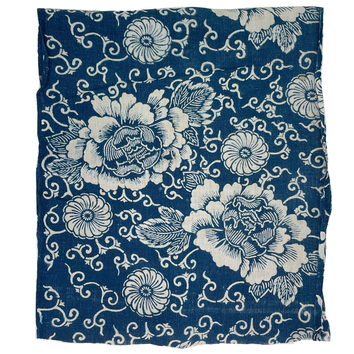 明治〜大正期 加賀の藍染布団地ハギレ 牡丹 - 画像 (2)