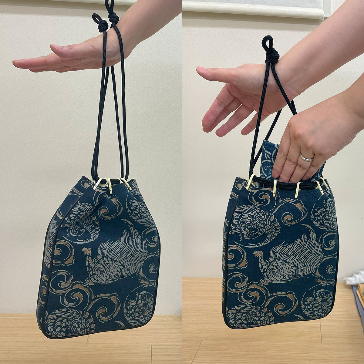 藍染布団地 信玄袋 鶴 - 画像 (5)